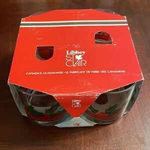 Vintage 4 Libbey Holly & Berries Double Old Fashioned Cocktail Glasses In Box